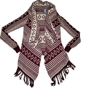 Aztec Cardigan Sweater Small Soft Fringe Waterfall Boho Western Southwest Long